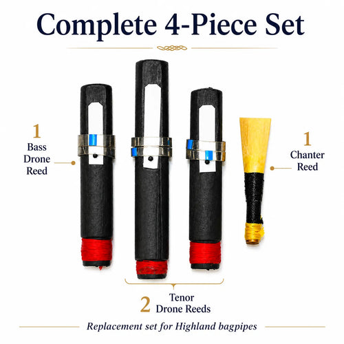 Bagpipe drone reed set close-up showing natural cane construction and professional finish