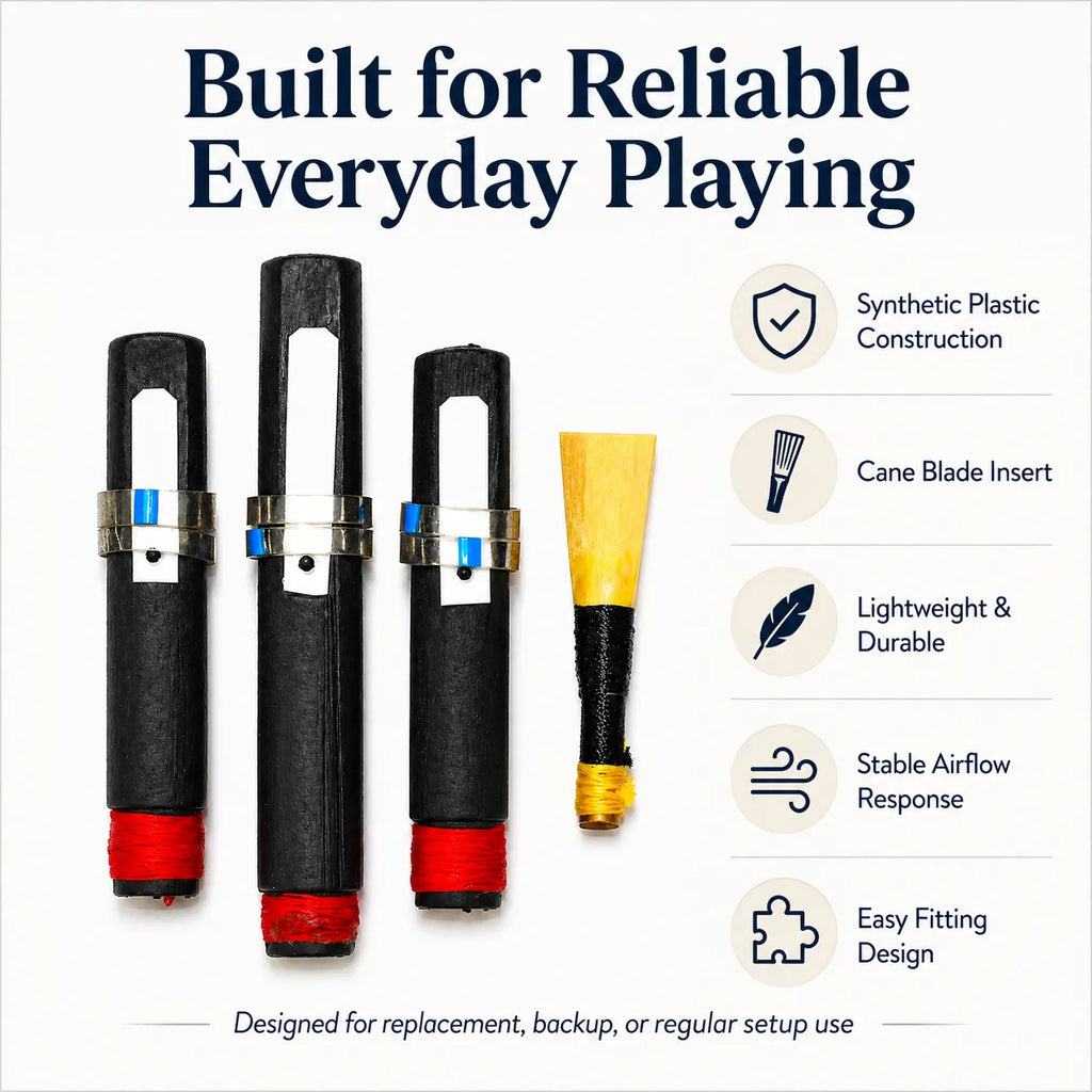 Complete Highland bagpipe drone reed set laid out – bass drone reed and tenor drone reeds by Glenor Heritage