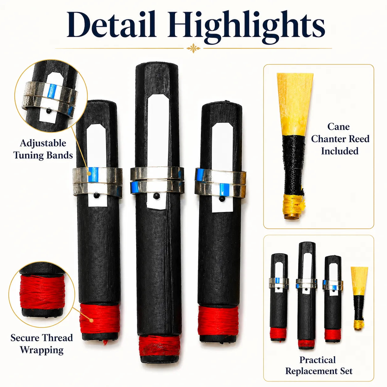 Glenor Heritage bagpipe replacement reed set – premium cane drone reeds for pipe band and practice
