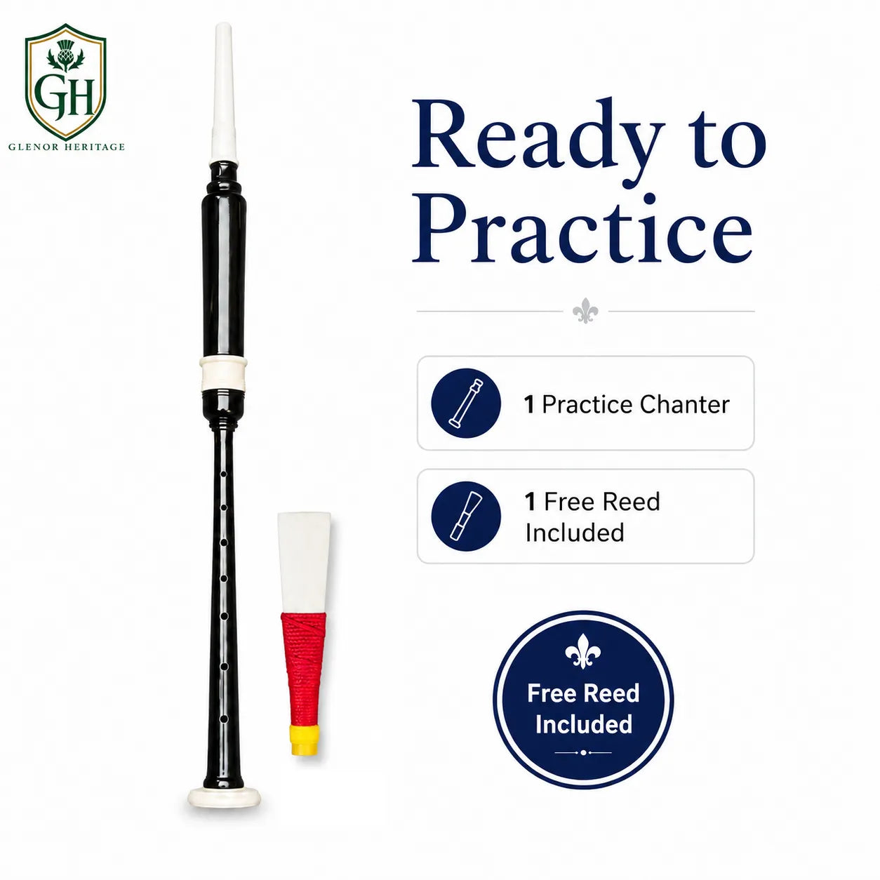 Black ivory practice chanter front view – traditional Scottish bagpipe practice instrument by Glenor Heritage
