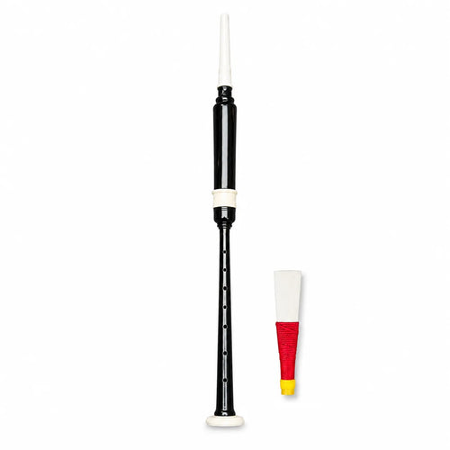 Black ivory practice chanter side view – beginner Highland bagpipe trainer with ivory mounts by Glenor Heritage