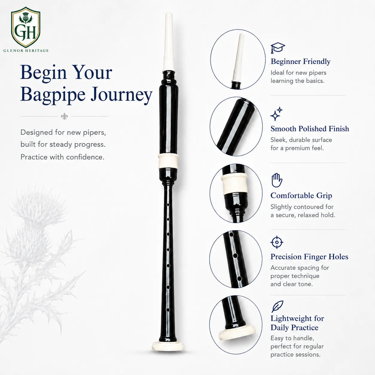 Black ivory practice chanter full length showing sleek black body and ivory coloured mounts