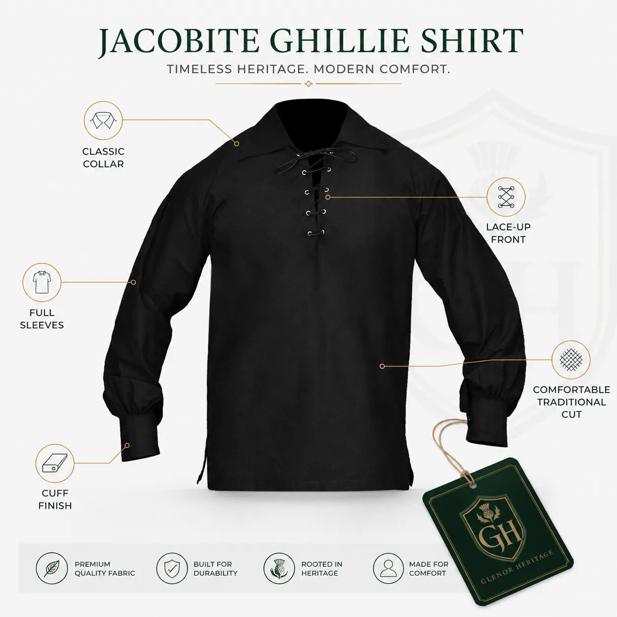 Black Jacobite Ghillie Shirt – Traditional Scottish Highland Wear | Glenor Heritage