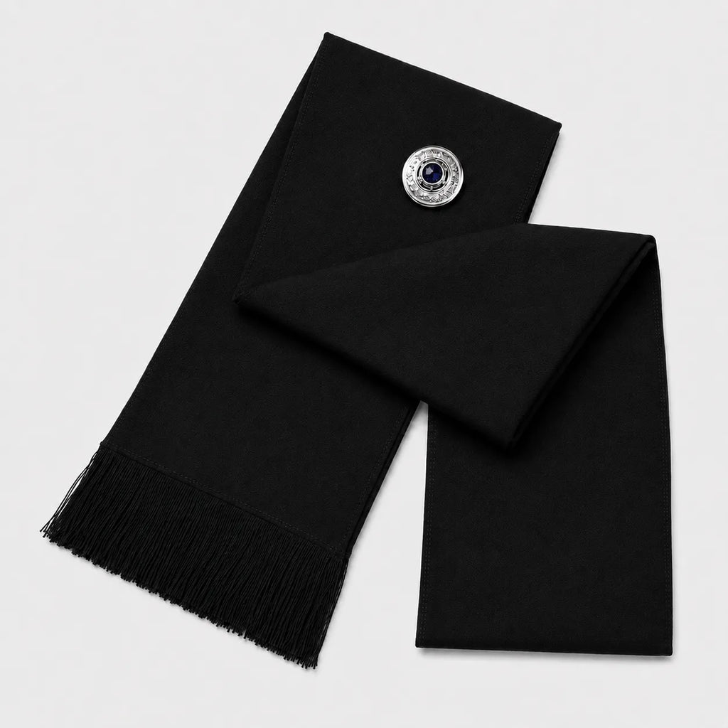 Black Women's Highland Sash front view – full-size elegant formal Scottish dress sash by Glenor Heritage