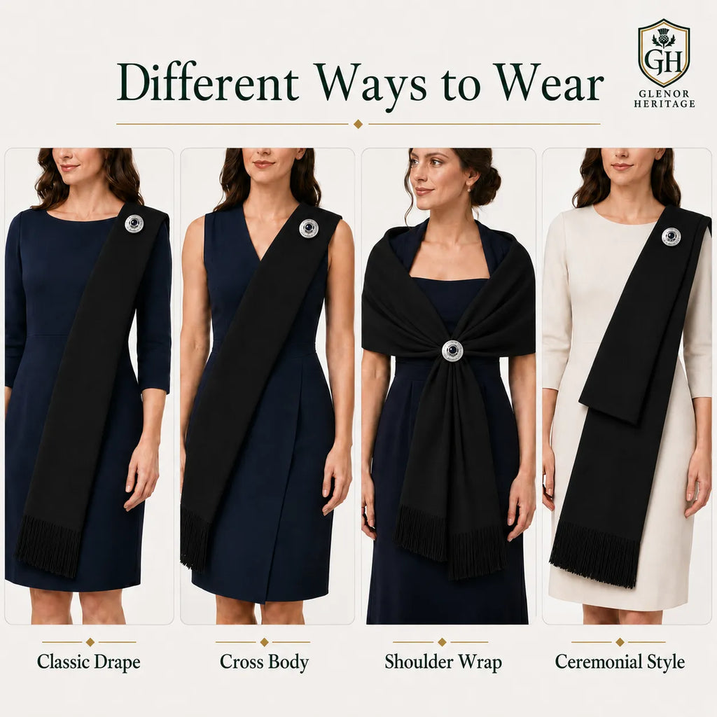 Black Highland sash draped full length – versatile formal Scottish women's dress accessory