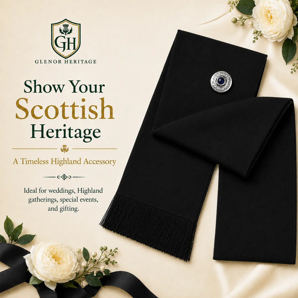 Women's black Highland sash worn over shoulder – formal Scottish dress sash for black tie and pipe band events