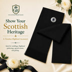 Women's black Highland sash worn over shoulder – formal Scottish dress sash for black tie and pipe band events