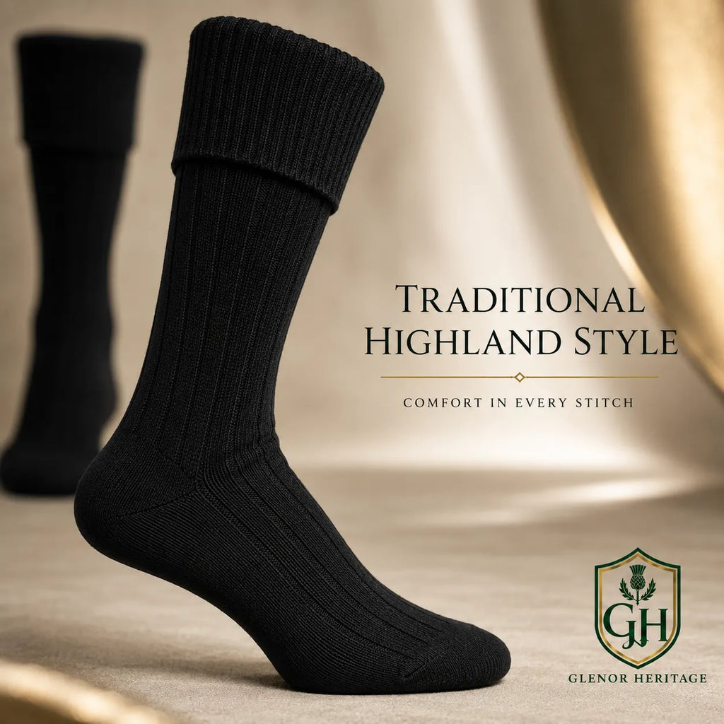Black Scottish kilt hose front view – premium knee-high Highland socks for kilts and pipe band by Glenor Heritage
