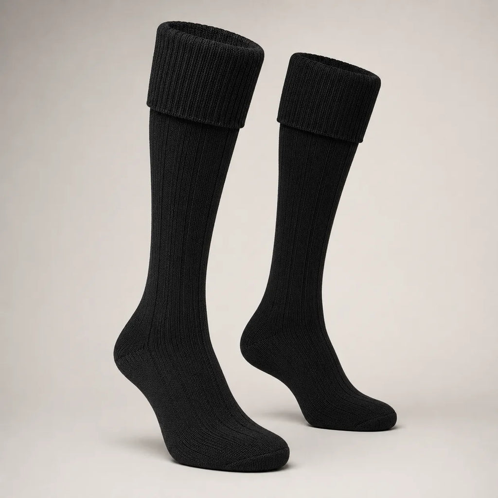 Black kilt hose side view – traditional ribbed Highland socks in black for formal Scottish dress by Glenor Heritage