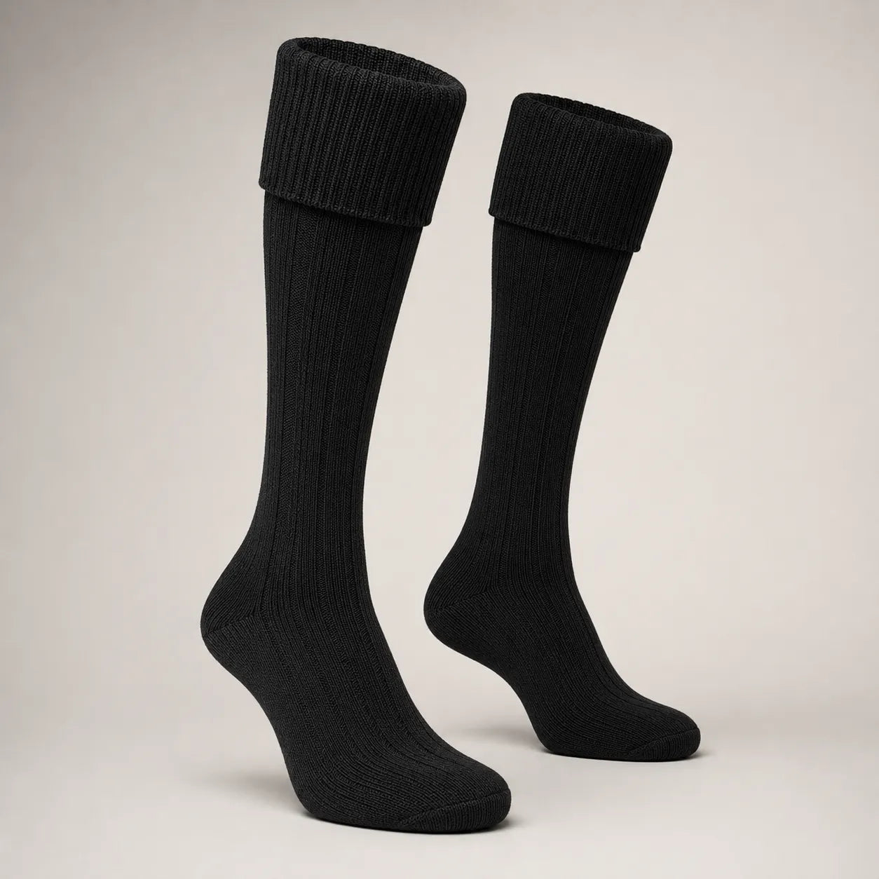 Black kilt hose side view – traditional ribbed Highland socks in black for formal Scottish dress by Glenor Heritage