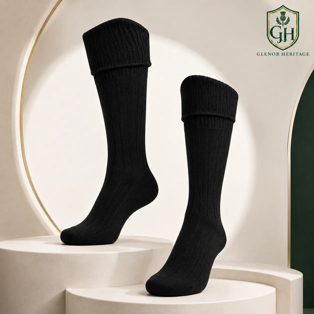 Black kilt hose full length showing knee-high ribbed design for formal Highland dress and pipe band uniform