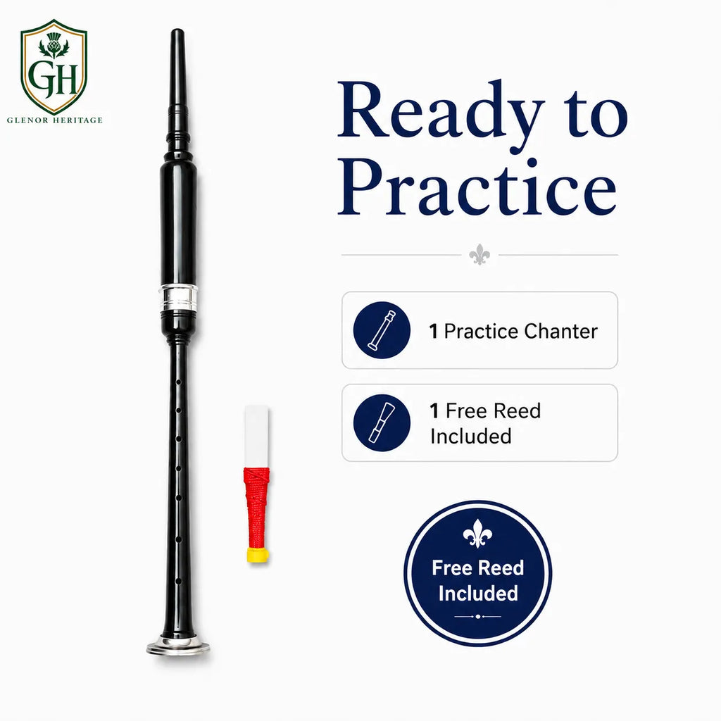 Black silver black tip practice chanter front view – beginner bagpipe trainer with silver mounts by Glenor Heritage