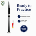 Black silver black tip practice chanter front view – beginner bagpipe trainer with silver mounts by Glenor Heritage