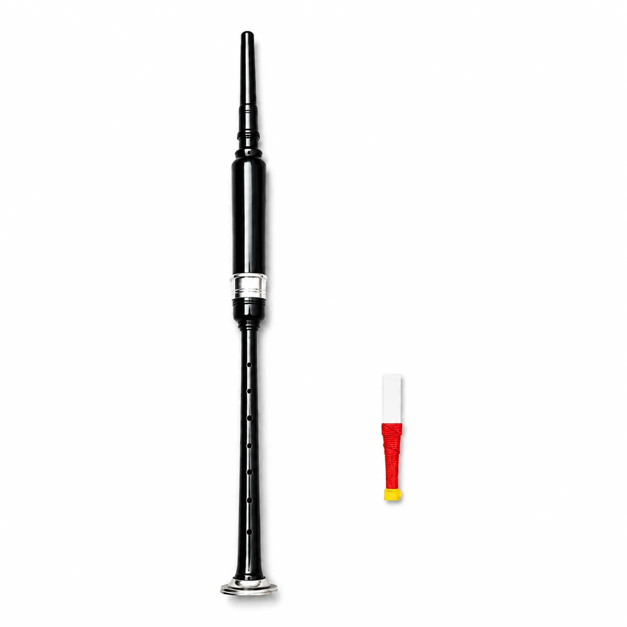 Black silver black tip practice chanter side view – Highland bagpipe trainer with silver mounts and black tip by Glenor Heritage