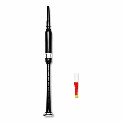 Black silver black tip practice chanter side view – Highland bagpipe trainer with silver mounts and black tip by Glenor Heritage