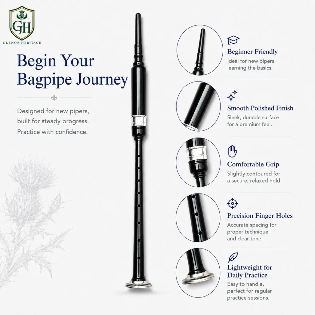 Black practice chanter finger holes close-up showing precision hole placement for Highland bagpipe fingering