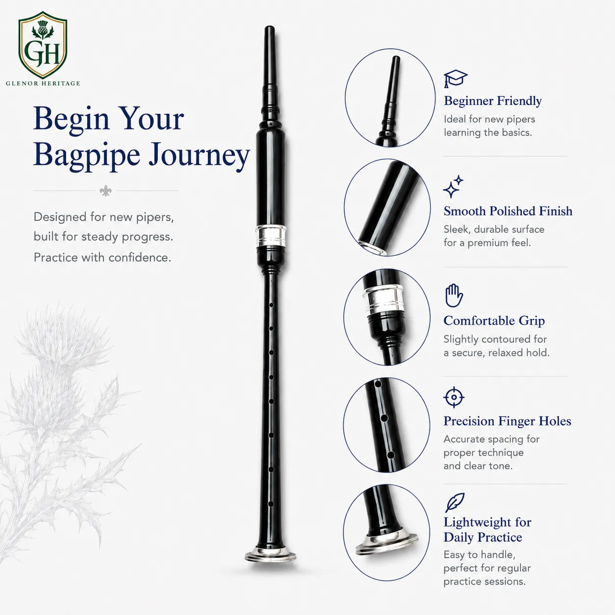 Black practice chanter finger holes close-up showing precision hole placement for Highland bagpipe fingering
