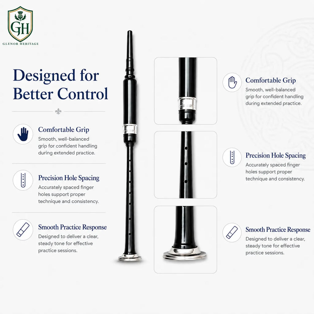 Black Practice Chanter with Silver Mounts & Black Tip | Glenor Heritage