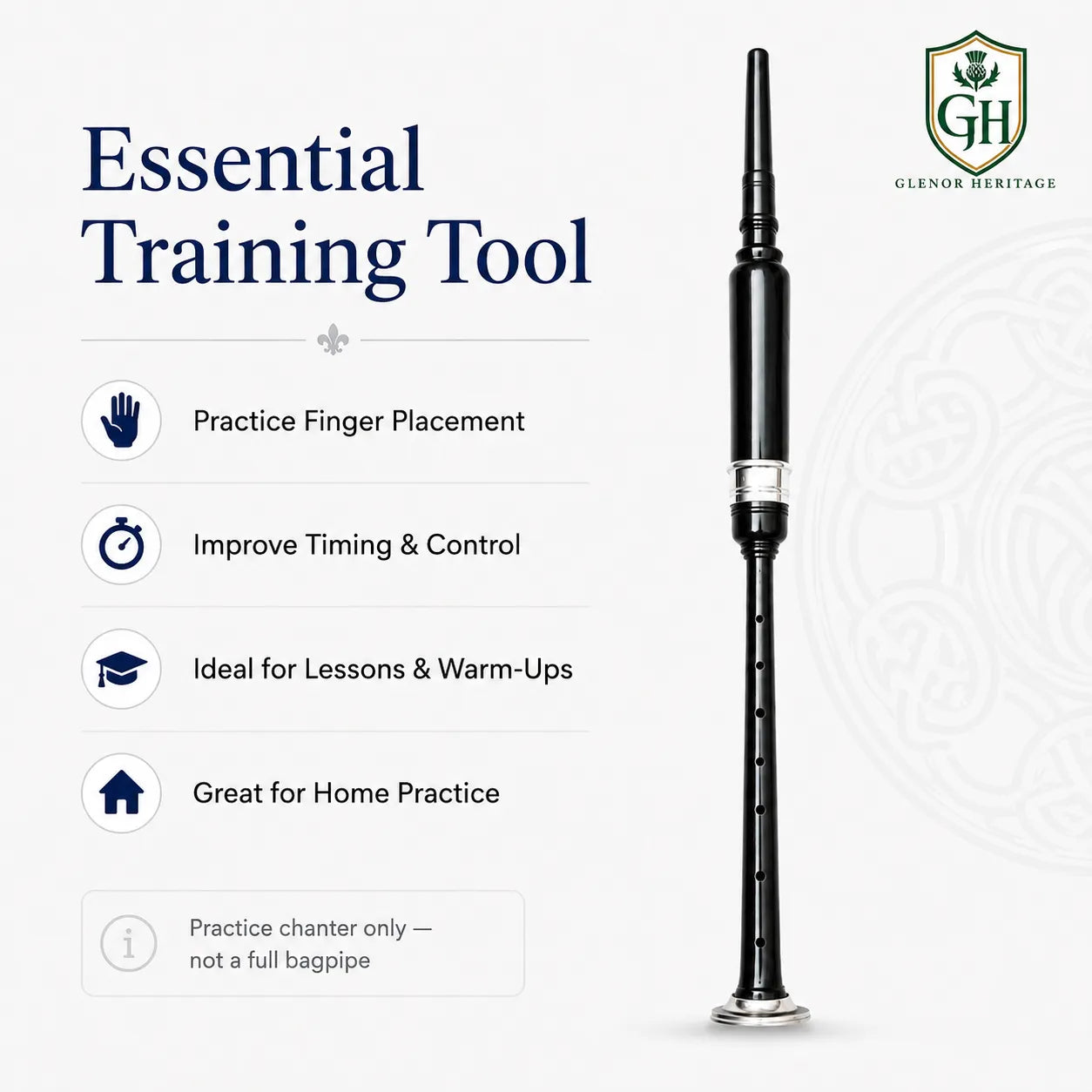 Black Practice Chanter with Silver Mounts & Black Tip | Glenor Heritage