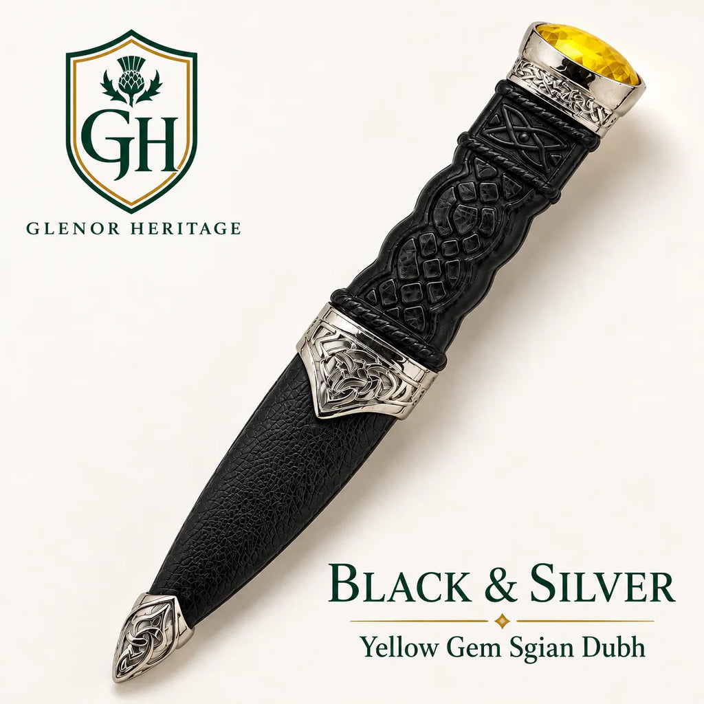Black & Silver Sgian Dubh with Yellow Gem – Scottish Highland Kilt Accessory