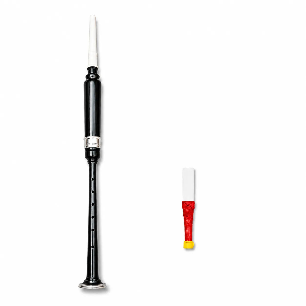 Black silver practice chanter with white tip front view – beginner Highland bagpipe trainer by Glenor Heritage