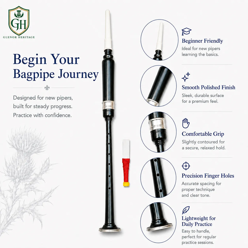 Black silver white tip chanter full length showing sleek black body silver mounts and bright white tip