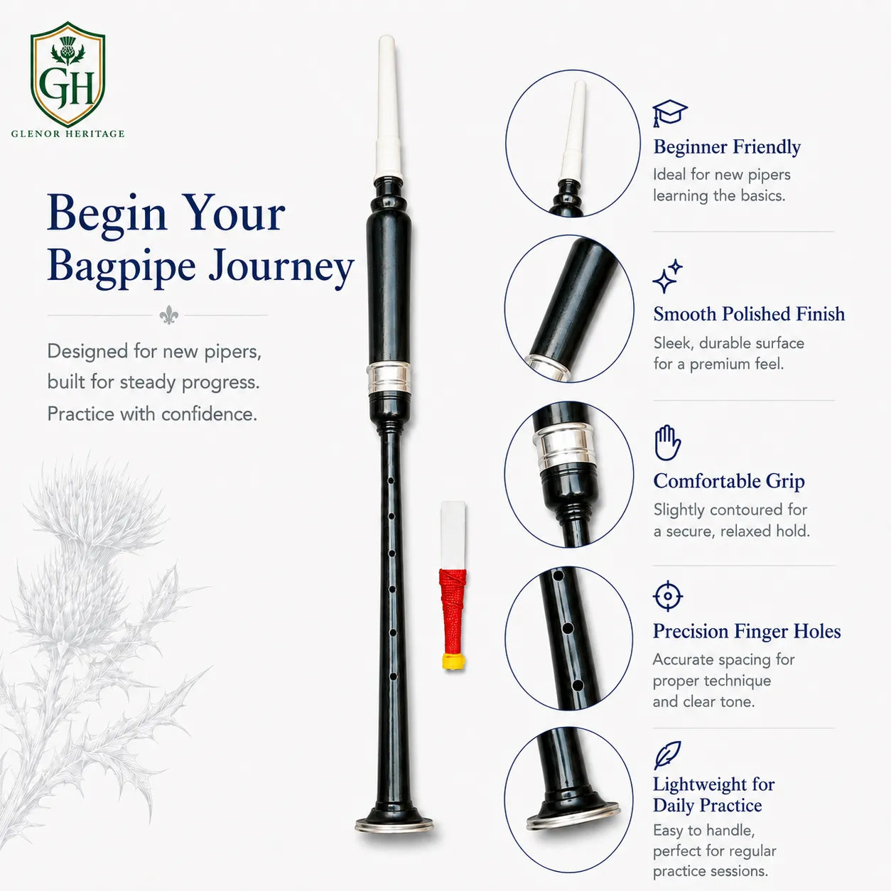 Black silver white tip chanter full length showing sleek black body silver mounts and bright white tip