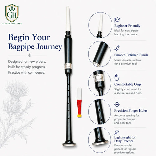 Black silver white tip chanter full length showing sleek black body silver mounts and bright white tip