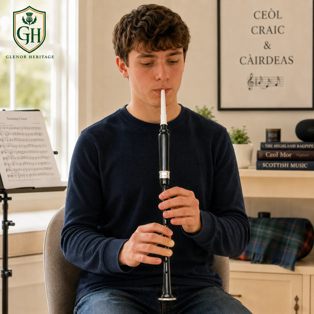 Glenor Heritage black silver white tip practice chanter bell and bottom mount close-up