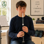 Glenor Heritage black silver white tip practice chanter bell and bottom mount close-up