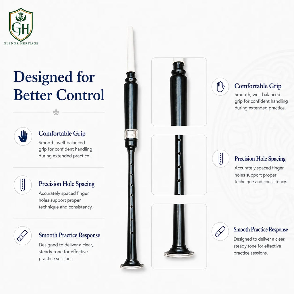 Black Silver Practice Chanter with White Tip – Beginner Bagpipe Trainer | Glenor Heritage