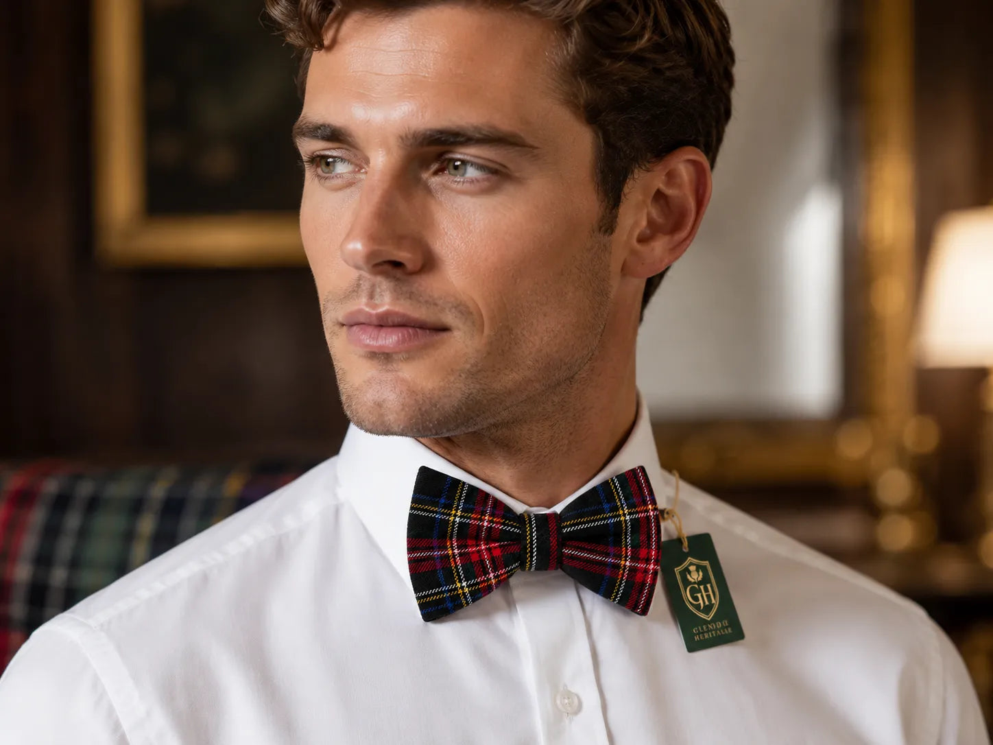 A man wearing a white dress shirt and a red tartan plaid bow tie with a green 'Gentleman's Hub' brand tag, set against a warm, blurred interior background.