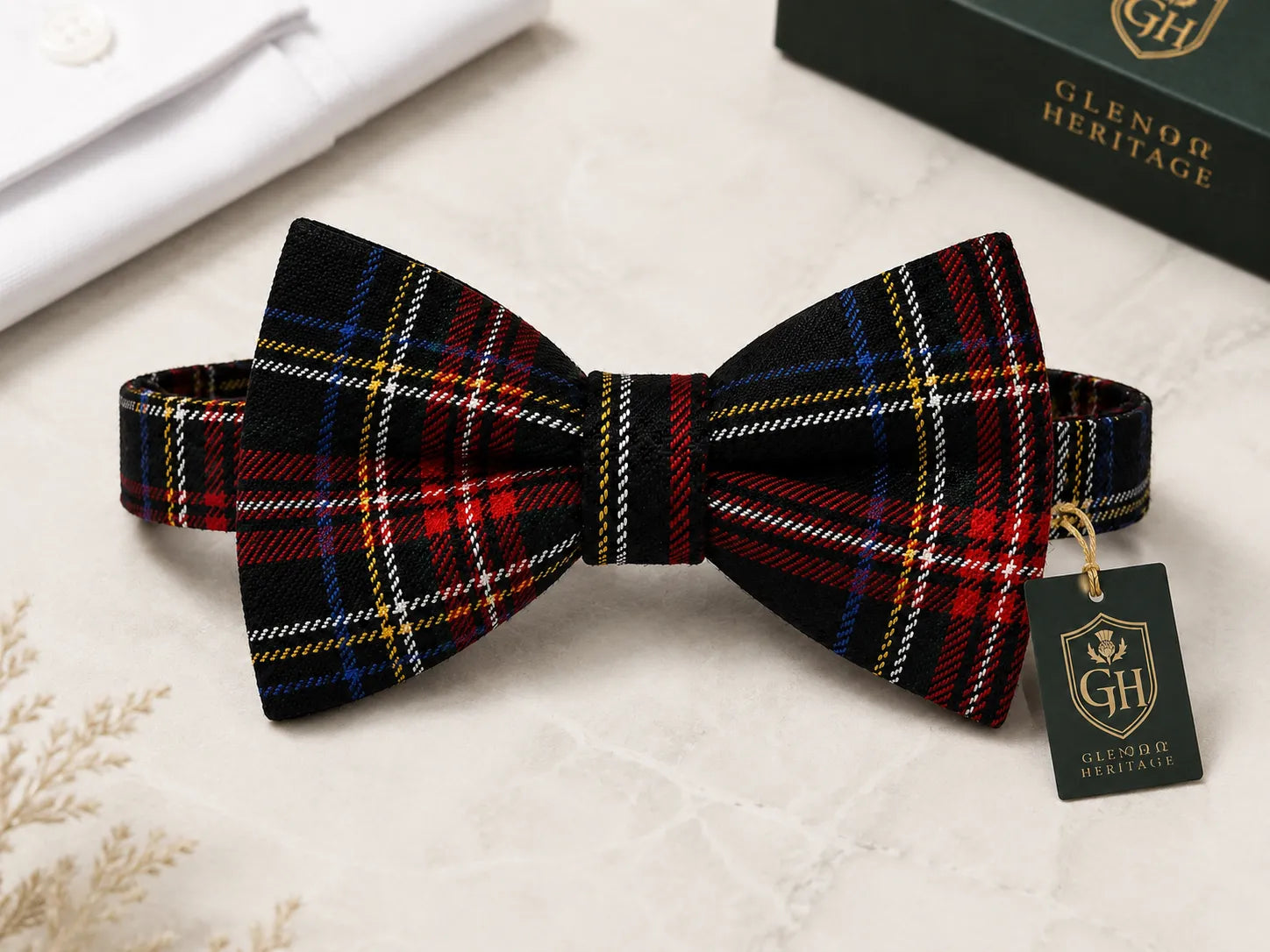 A pre-tied bow tie with a black, red, and blue tartan plaid pattern, displayed on a light marble surface next to its green Glenor Heritage packaging box.