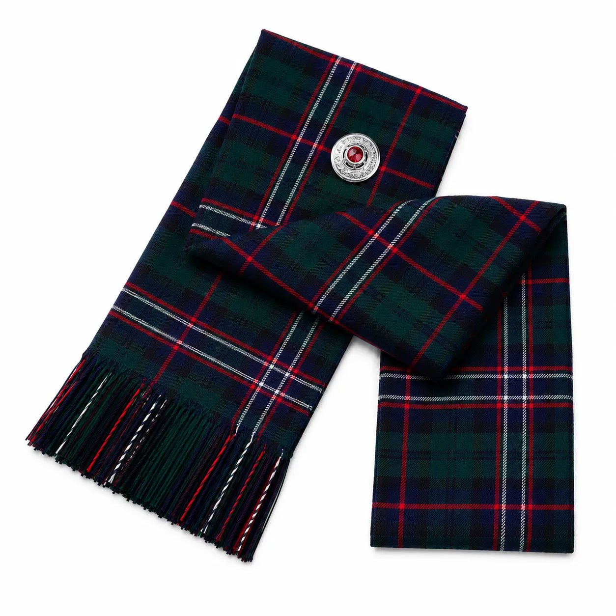 Black Stewart Tartan Sash front view – full-size women's Highland sash in elegant black and grey tartan by Glenor Heritage