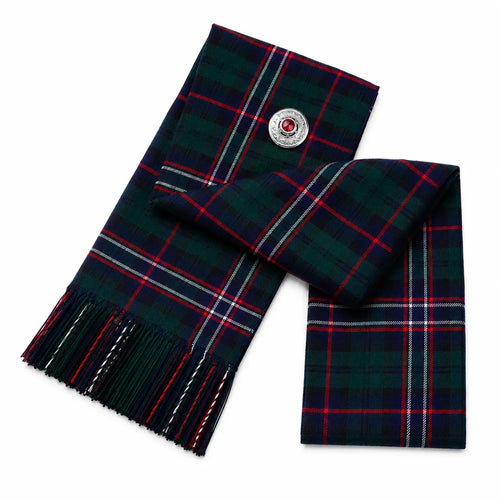 Black Stewart Tartan Sash front view – full-size women's Highland sash in elegant black and grey tartan by Glenor Heritage