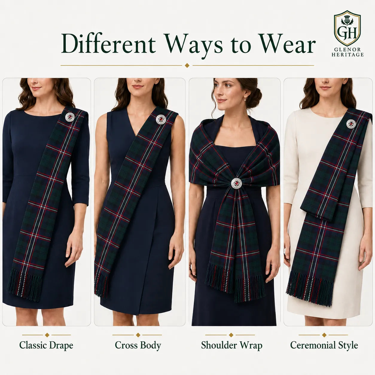 Black Stewart tartan sash draped full length – sophisticated Scottish women's formal Highland dress accessory