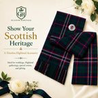 Women's Black Stewart tartan sash worn over shoulder – formal Highland sash for weddings and Burns Night