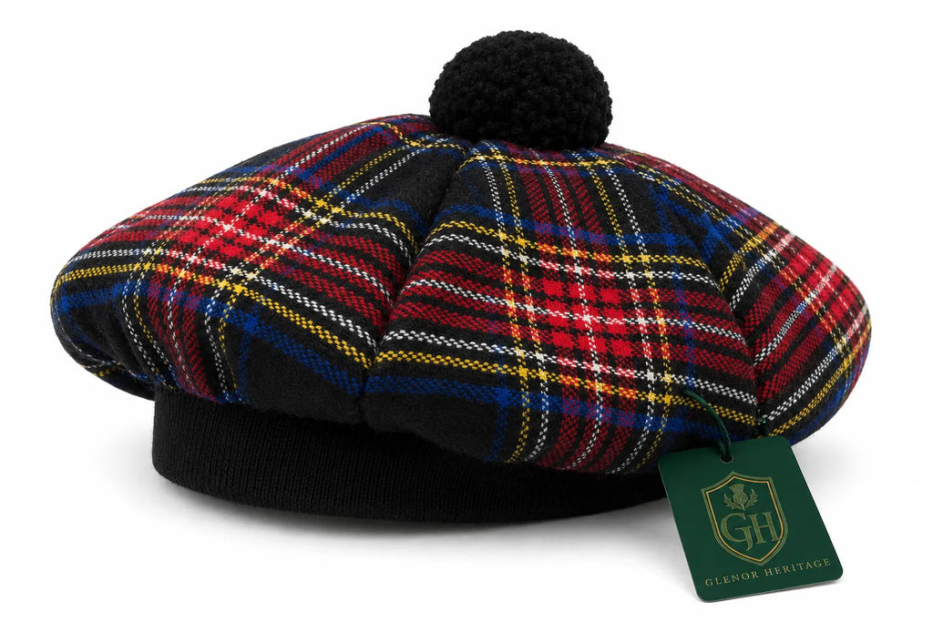 Black Stewart Tartan Tam O' Shanter Hat – Traditional Scottish Highland Bonnet with Pom for Men & Women