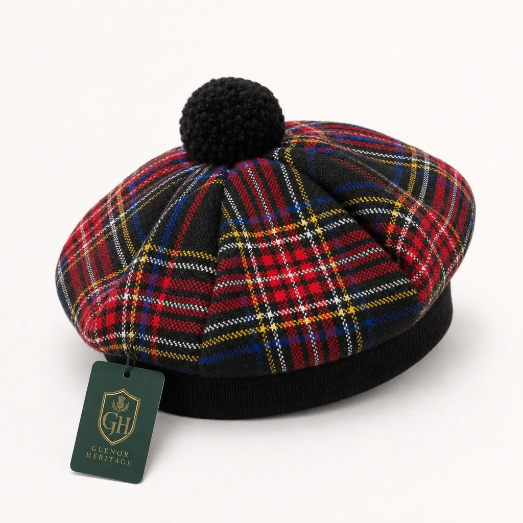 Black Stewart Tartan Tam O' Shanter Hat – Traditional Scottish Highland Bonnet with Pom for Men & Women