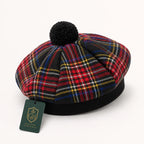Black Stewart Tartan Tam O' Shanter Hat – Traditional Scottish Highland Bonnet with Pom for Men & Women