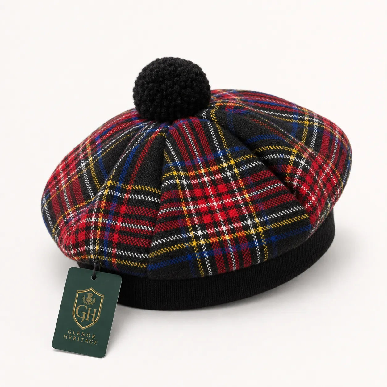 Black Stewart Tartan Tam O' Shanter Hat – Traditional Scottish Highland Bonnet with Pom for Men & Women