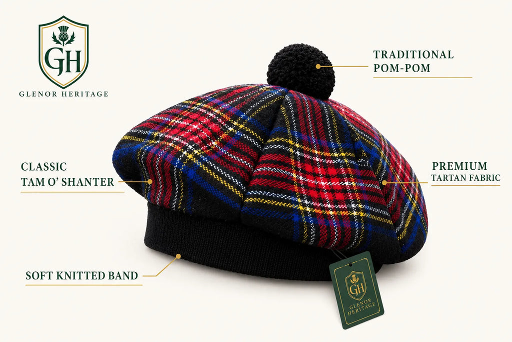 Black Stewart Tartan Tam O' Shanter Hat – Traditional Scottish Highland Bonnet with Pom for Men & Women