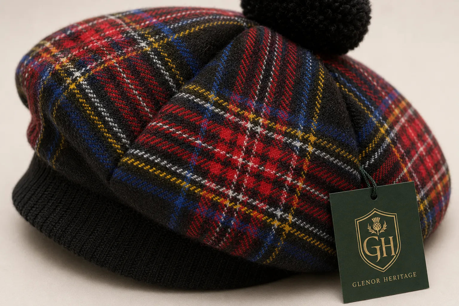 Black Stewart Tartan Tam O' Shanter Hat – Traditional Scottish Highland Bonnet with Pom for Men & Women