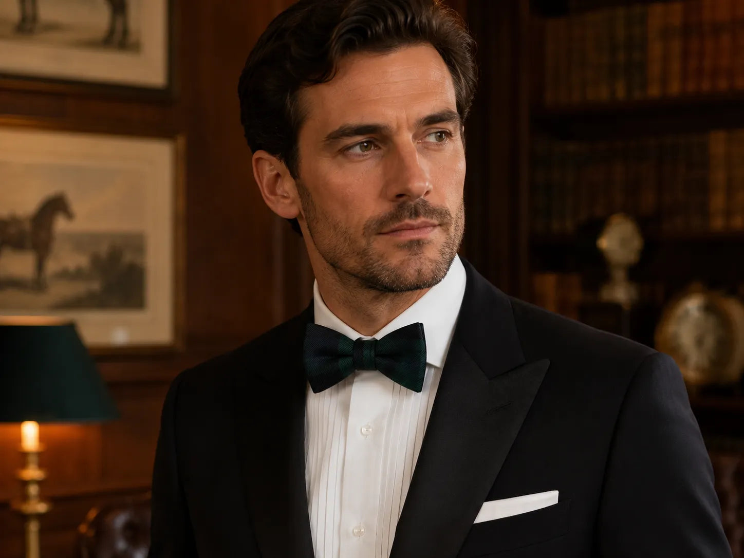 A man in a black tuxedo with a black bow tie, white pleated shirt, and white pocket square, standing in a warm, book-filled room.