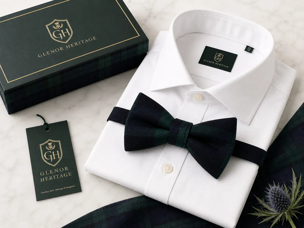 A white dress shirt with a dark green plaid bow tie, displayed with its black branded box and hangtag on a light marble surface.