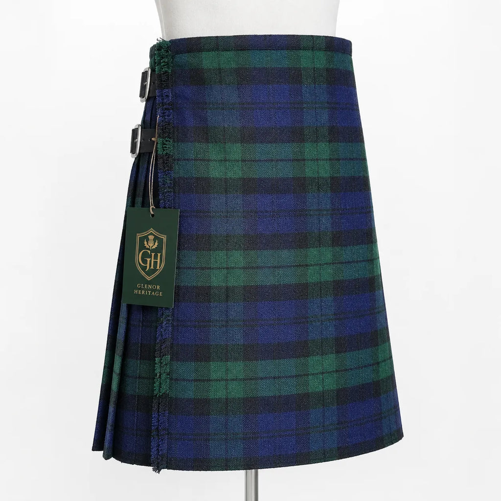 Black Watch tartan kilt front view – deep navy and green plaid pattern with adjustable leather straps