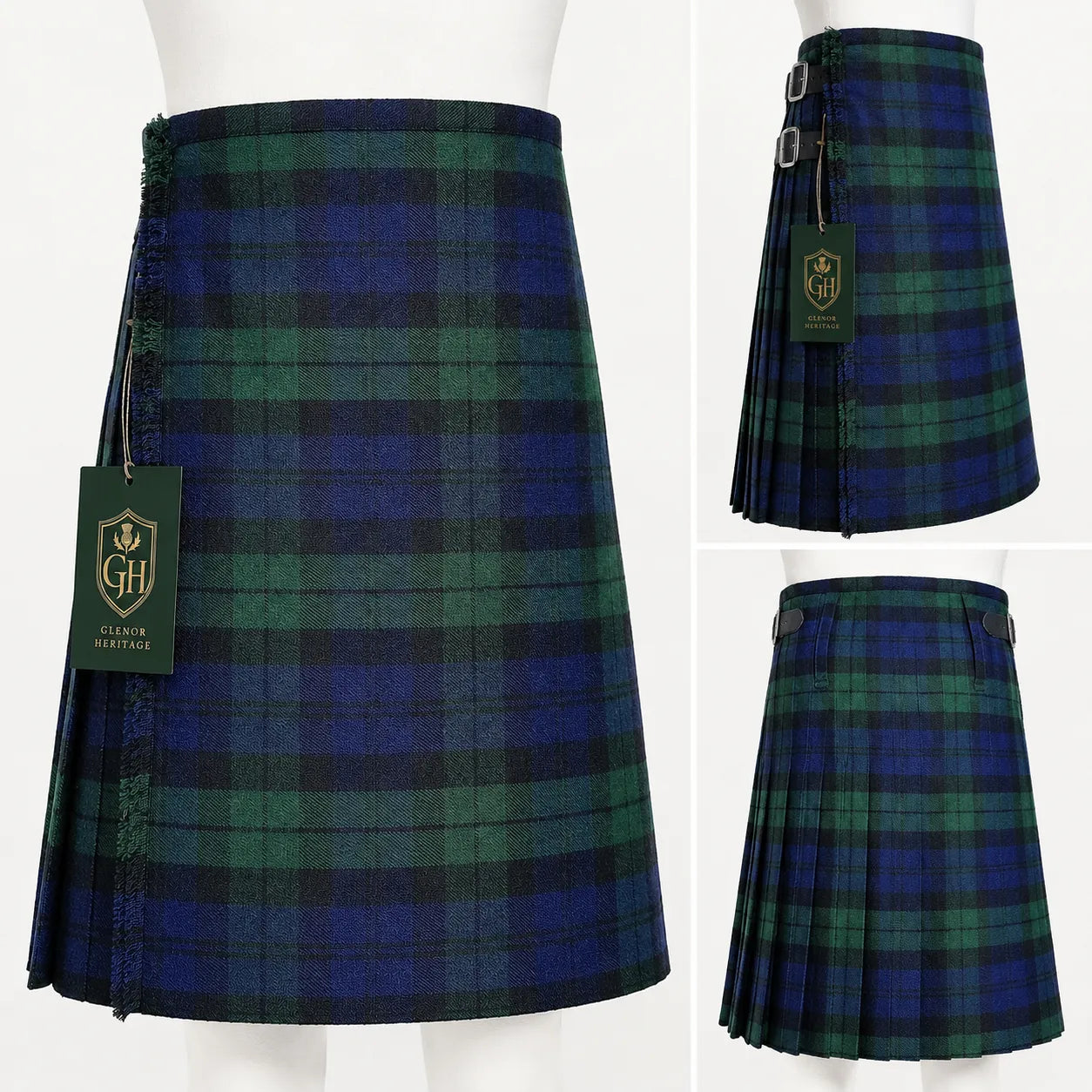 Black Watch tartan kilt side view showing traditional knife pleats and metal buckle closure
