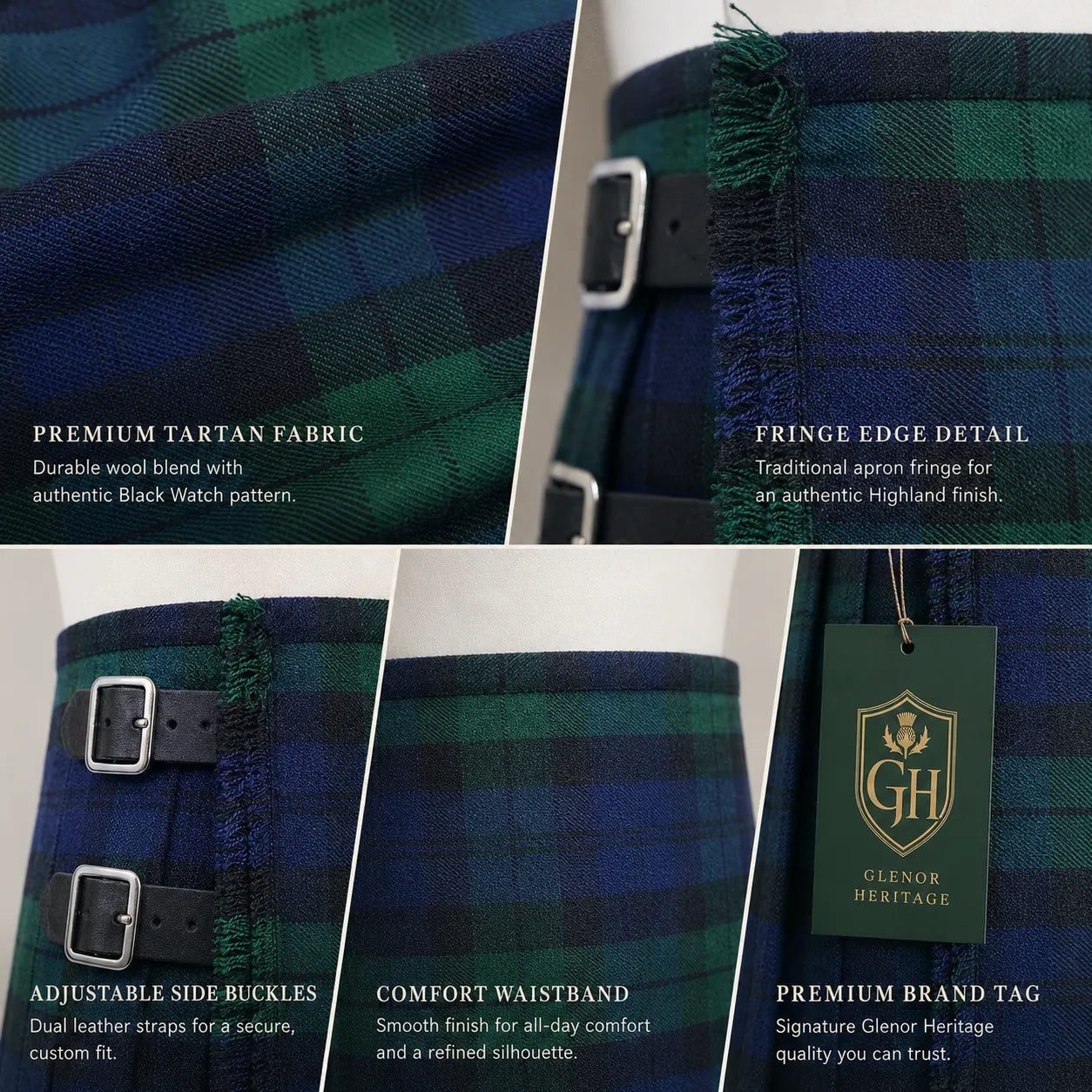 Black Watch tartan kilt back pleat detail – premium acrylic wool Highland kilt by Glenor Heritage