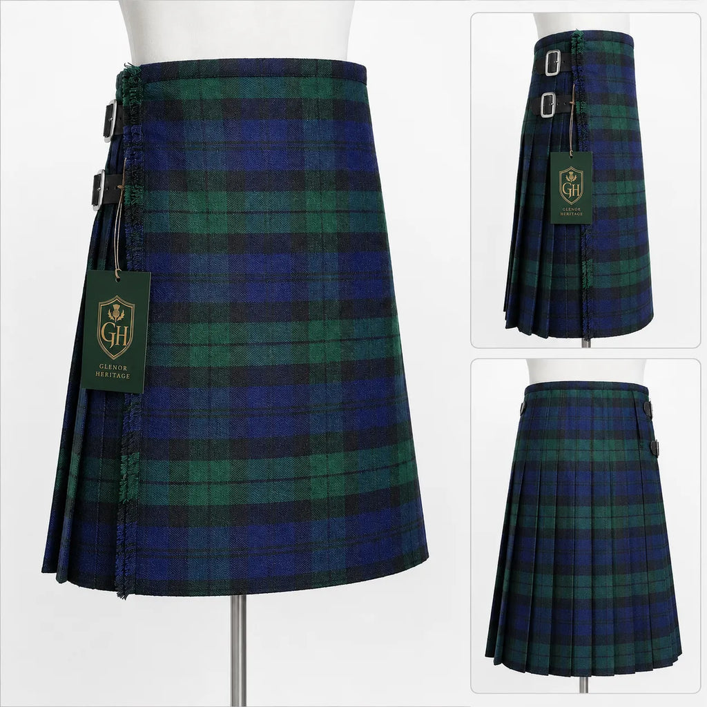 Glenor Heritage Black Watch kilt leather strap and rust-resistant metal buckle close-up detail