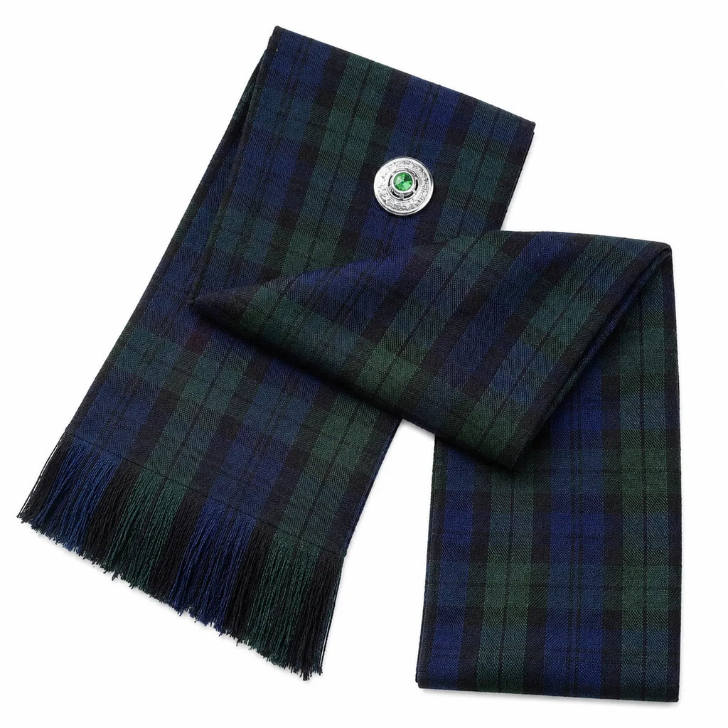Black Watch Tartan Sash front view – full-size women's Highland sash in deep navy and green plaid by Glenor Heritage